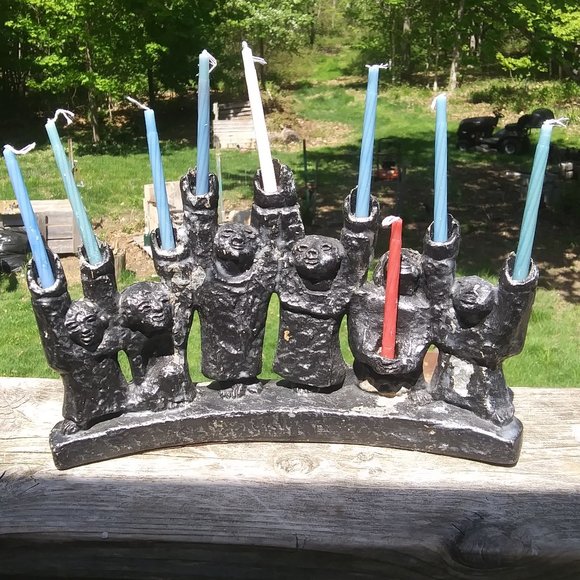Vintage Brutalist Menorah hanukiah Ellen Lord Maccabees Cast Metal FLAWS - Picture 2 of 16